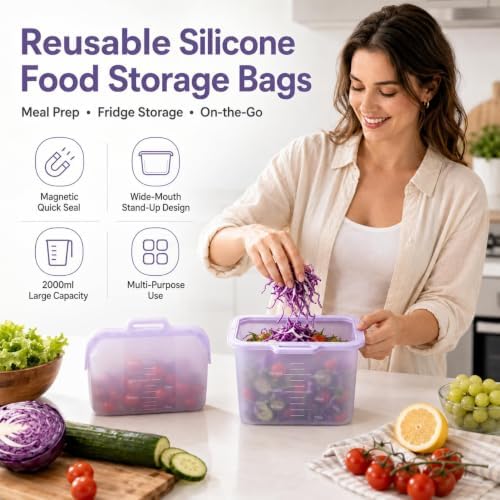 2000ml Reusable Silicone Bag for Food Storage, Freezer Safe, 1 Pack