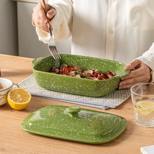 Ceramic Baking Dish with Lid for Casseroles (Green, 1 Qt)