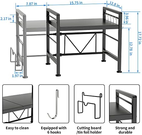 YIUKEA 2-Tier Expandable Microwave Stand with 6 Hooks
