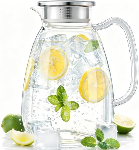 Glass Pitcher with Lid and Handle, 2.2L/74 oz Borosilicate Glass