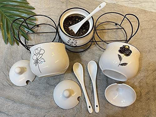 Ceramic Spice & Sugar Jar Set, 3 Pcs with Lids & Spoons 230 ml