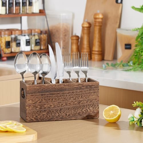 Wooden Utensil Holder Organizer for countertop, 3 Compartment Cutlery Caddy
