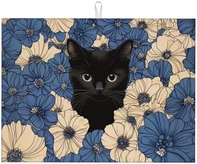 Black Cat Dish Drying Mat for Kitchen Counter Microfiber Super