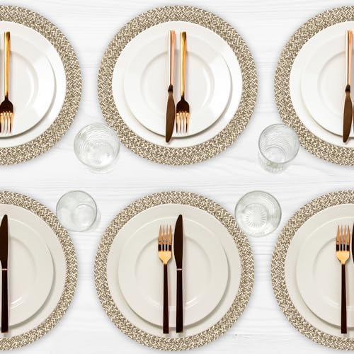 Marled Twist Set of 8 Placemats, 15" Round Cotton, Beige, Heat