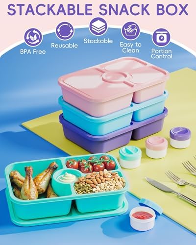 Canfanni 4 Pcs Bento Snack Box Containers, 4 Compartment Divided