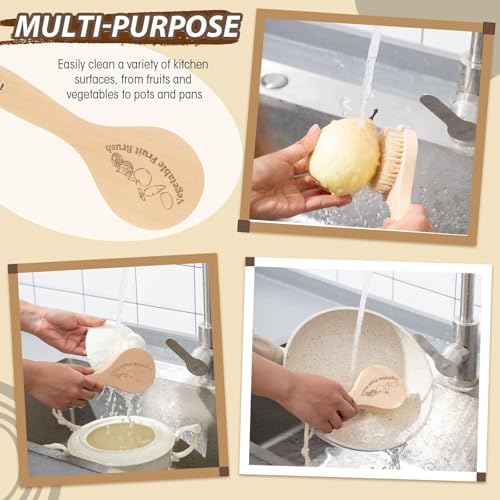 Vegetable Brush Set of 2, Natural Wooden Potato Scrubber for Cleaning