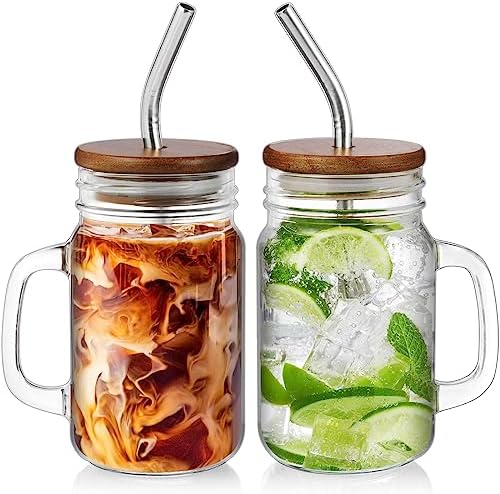 DRASTAR Iced Coffee Cup, 16 oz Mason Jar Cups with Handle, Small Glass