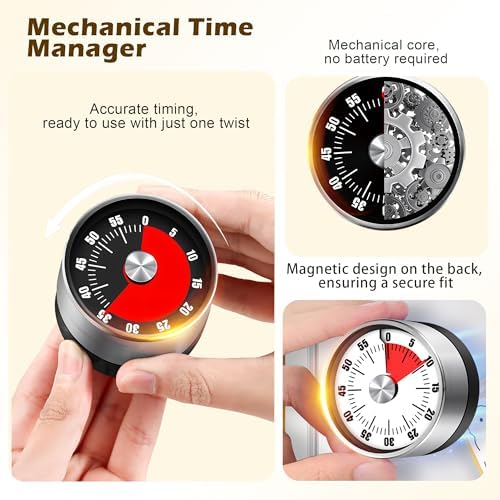 Mechanical Kitchen Timer, Magnetic Base, Silver and Black