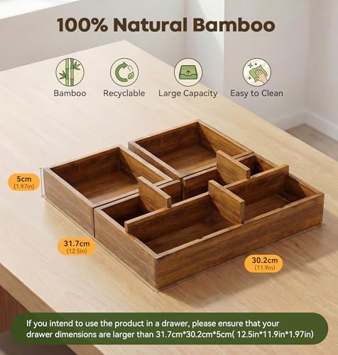 KOCWELL Bamboo Desk Drawer Organizer with Removable Dividers,Multi-Use