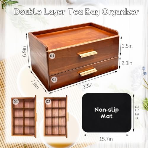 Wood Tea Bag Organizer Drawer With Mat Tea Storage Bag Double-Drawer
