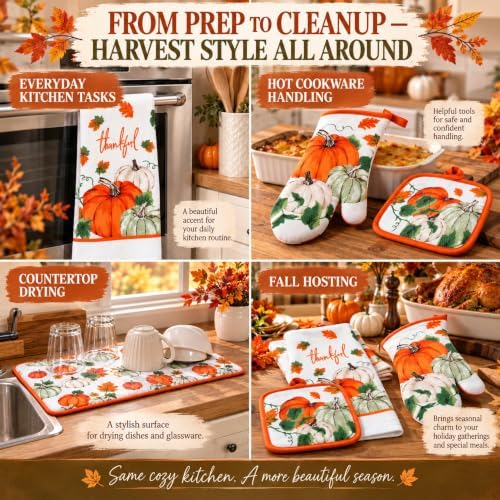 6-Piece Harvest Pumpkin Kitchen Linen Set, Orange & Sage Fall Autumn
