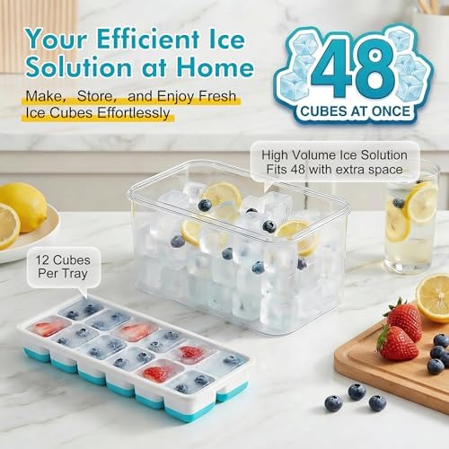 NFK Ice Cube Tray with Lid & Bin - 4 Pack 48 Cubes Stackable Silicone