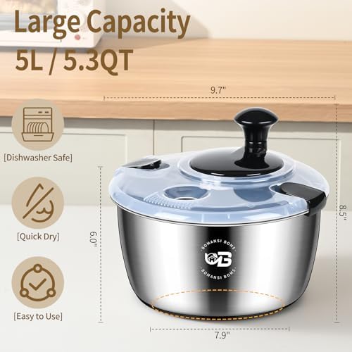 5.3 Qt Stainless Steel Salad Spinner, BOMANSI BOMS Vegetable Spinners, Lettuce Spinner, Fruit Washer, Large Salad Spinners, Dishwasher Safe, 304 Stainless Steel Bowl & Basket