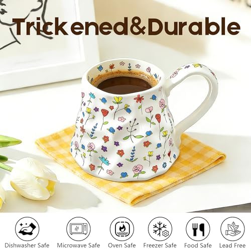 20 oz Large Coffee Mug, Cute Floral Ceramic Mug with Big Handle, White