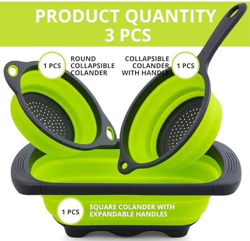 3PCS Green Foldable Kitchen Strainer Set – Silicone Colander