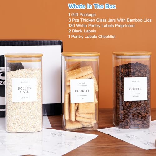 CZZGSM 3 Pack Square Glass Kitchen Storage Jars with Airtight Bamboo