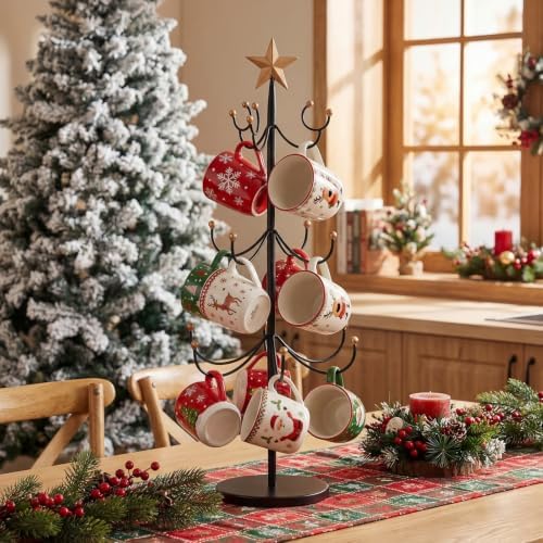Suclain Christmas Mug Holder with Golden Star Coffee Cup Display Rack