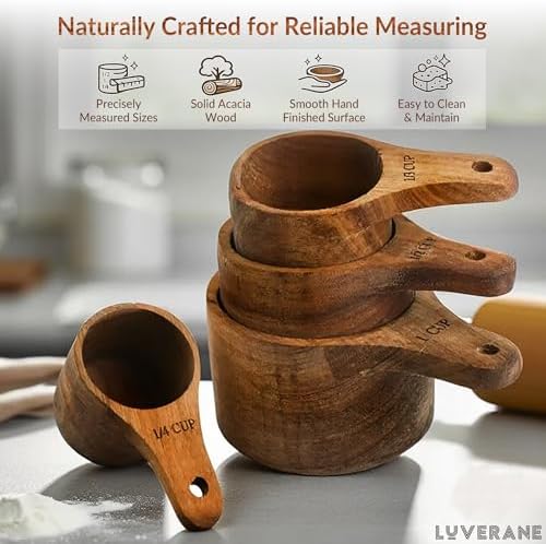 8 Piece Wooden Measuring Cups and Spoons set - Solid Acacia Wood with