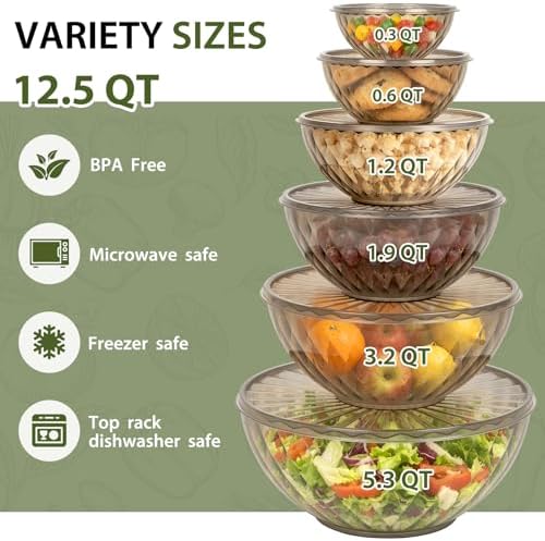 Plastic Mixing Bowls with Lids, 6 Piece Nesting Bowls Set for Kitchen