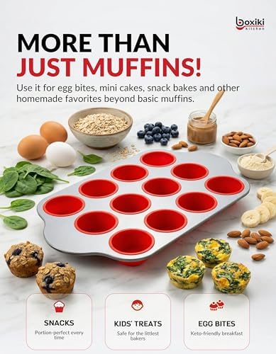 Boxiki Kitchen Non-Stick 12 Cup Silicone Muffin Pan with Steel Frame