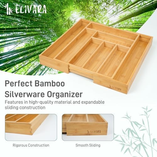 100% Bamboo Expandable Drawer Organizer - Adjustable Utensil and