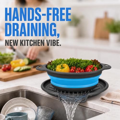 2 Collapsible Colanders with Self-Draining Tray(Blue)