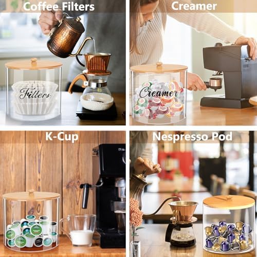 homicozy 2pcs Coffee Pod Holder with Bamboo Lid, 5in & 6in Clear