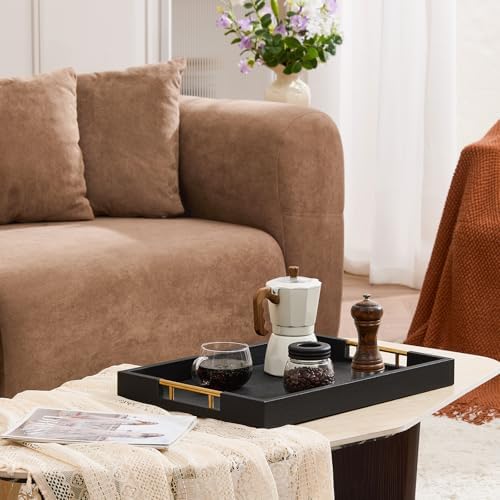 Rectangular 18×14 Inch Black Wood Ottoman Serving Tray with Metal