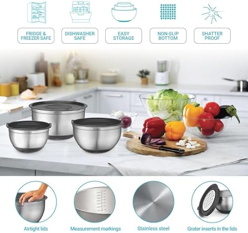 Mixing Bowls with Lids Set of 5 - Stainless Steel Nesting Metal Bowl