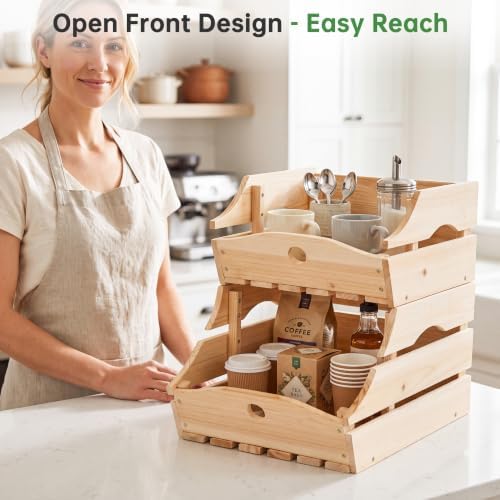 Stackable Wooden Storage Bins, Kitchen Counter Organizer with Handles