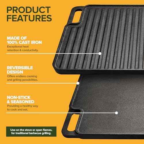 Cast Iron Griddle/Grill Reversible Combo Set + Protective Mitts, Grill Press & Scraper- Pre-seasoned Indoor & Outdoor gas Stove Griddle- Stovetop, Camping or Home Cooking Non-Stick Griddle Pan