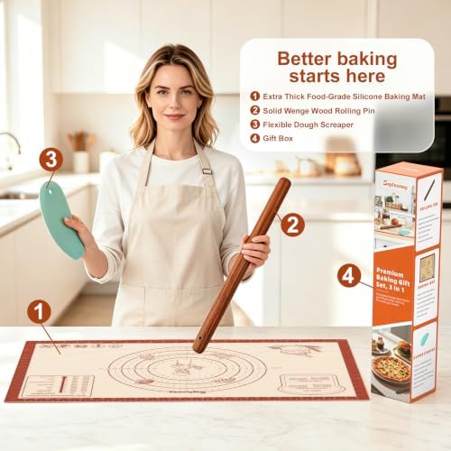 Silicone Baking Mat Set with Rolling Pin and Dough Scraper