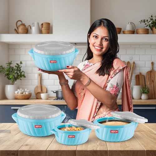 Milton Flora Regular Set Insulated Inner Steel Casserole for Roti 3Pc (750ml 1.25L & 2.1L) Hot Box for Kitchen, Hot Pot with Lid, Chapati Box, Roti Casserole, Serving Boxes, Hotcase, Cyan Blue