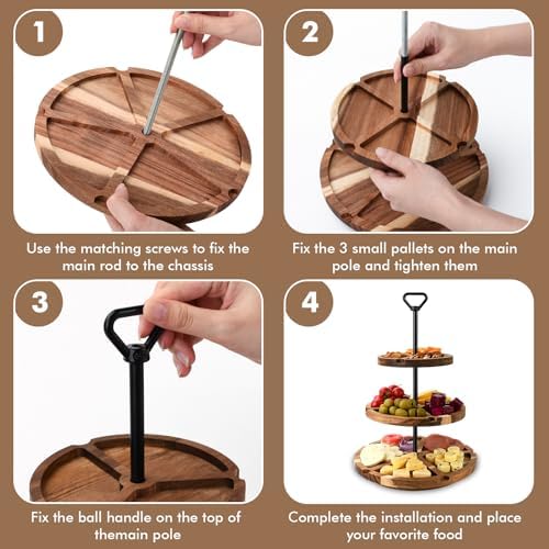 Elegant Charcuterie Boards Three Tiered Acacia Cheese Board and Cupcake Stand with 360° Easy-to-Spin Trays, Perfect for Gatherings, Housewarming Gifts, Celebrations, and Daily Usage. (30x25x20 cm)