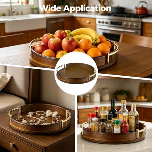 Round Decorative Tray with Gold Metal Handles, 11.8 in Wood Serving