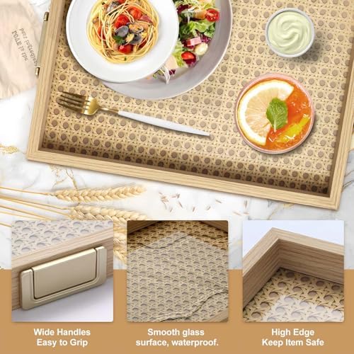 YWMSGM Rattan Woven mesh Surface Wood Serving Tray with Metal Handles