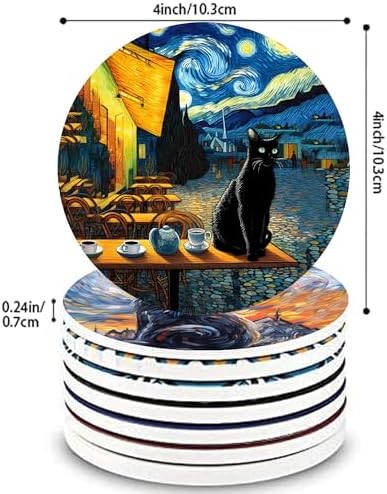 4inch Round Fun cat-Themed Marble Coaster with Storage Rack 8pcs