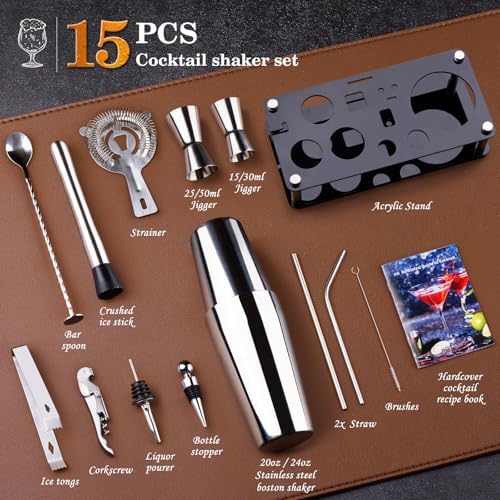 Wukuna Cocktail Shaker Bartender Kit, 15 Pcs Bar Tool with Acrylic