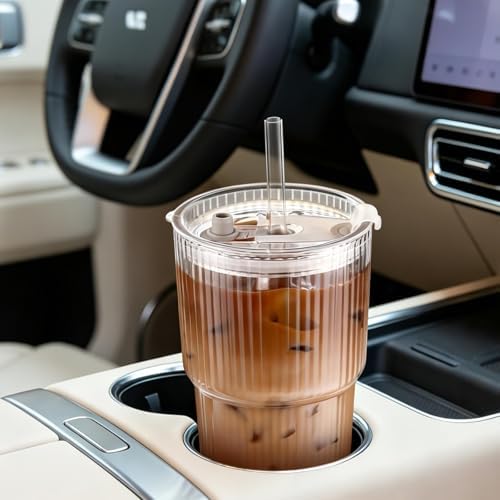 4pcs Ribbed Glass Tumbler with Straw and Lid - 20oz Reusable Iced