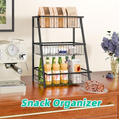 Simple Trending 3-Tier Trapezoidal Fruit Basket with 4 Banana Hooks, Extra Large Metal Wire Kitchen Organizer for Countertop - Rust-Proof for Fruits, Vegetables, Snacks, Bread Storage, Black