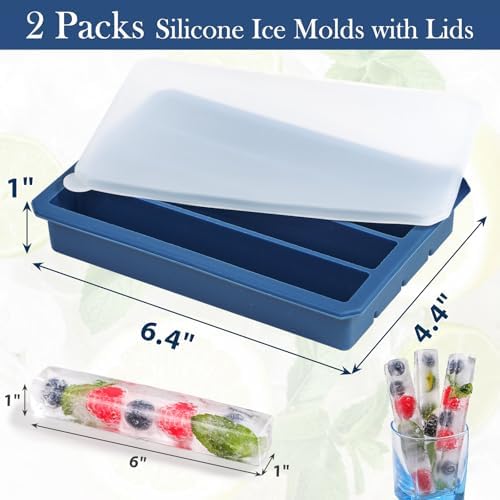 Webake Water Bottle Ice Cube Tray with Silicone Lids, 2 Pcs Long Ice