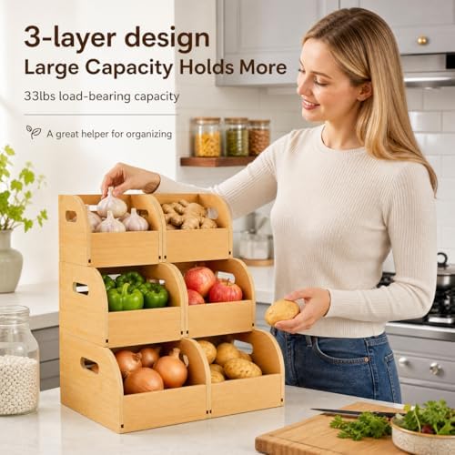 PRETYZOOM Bamboo Pantry Storage Bins with Breathable Slatted Back