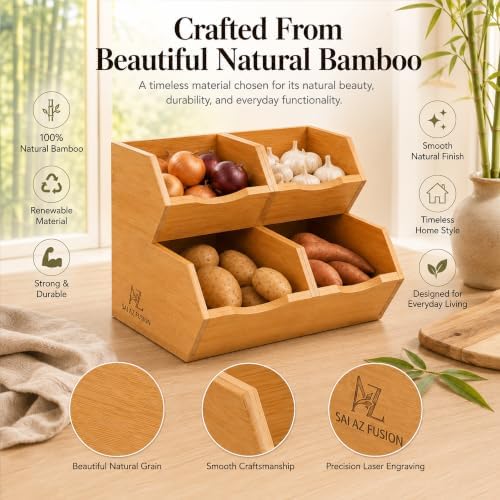 Bamboo Pantry Storage Bins - Set of 4 (2 Large, 2 Small) Stackable