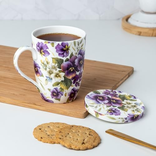 McIntosh Chintz Purple Pansies Fine Bone China Tea Mug with Lid and