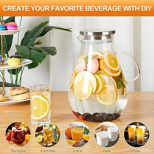 1 Gallon Glass Pitcher with Lid and Handle, Hot & Cold Water Jug