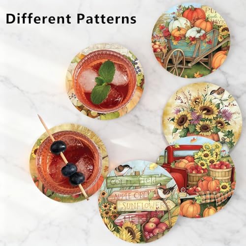 6Pcs Fall Pumpkin Coasters with Holder, Sunflower Truck Ceramic