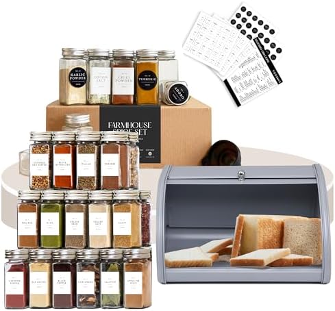 FINESSY Spice Jars with Label Farmhouse + Bread Box for Kitchen Bundle