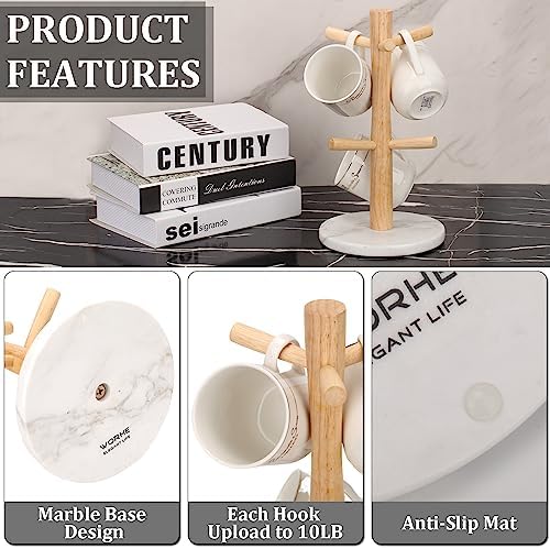 Mug Holder Marble Base with 6 Hooks Coffee Cup Rack Organizer for