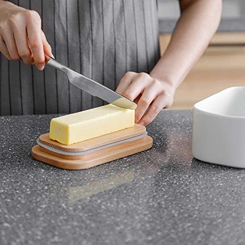 Large Ceramic Butter Dish with Lid and Natural Oak Wood Cover for