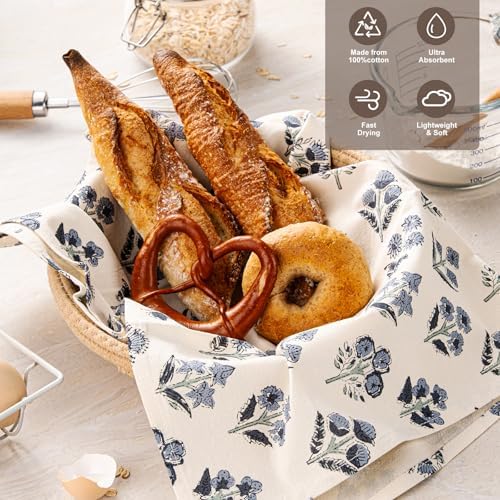 Block Print Floral Flour Sack Kitchen Towels Set of 2, Dusty Blue